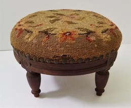 antique FURNITURE victorian NEEDLEPOINT FOOTSTOOL olive green earthy color - $89.05