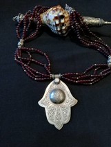 Moroccan silver Berber necklace with a hand-carved Hand of Fatima, garne... - £267.82 GBP