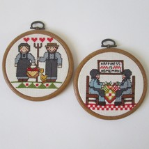 Finished Cross Stitch Amish Couple Wood Hoops Pennsylvania Dutch Lot Of 2 - $29.68