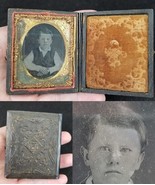 antique tin type photo with case gold frame STARING BOY portrait - €38,75 EUR