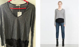 ZARA Dark Grey Long Sleeve Scoop Neck Top High Low Black Flowy lightweight M - £14.98 GBP