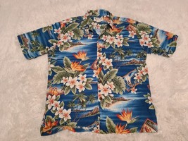 Howie Hawaiian Aloha Camp M Shirt Blue Floral Button Down Hula Luau Tiki VTG USA - £14.00 GBP