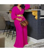 Charm Flare Pleated V-Neck Summer Jumpsuit - Pink - $39.13