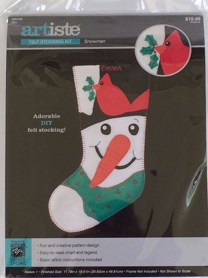 Artiste Christmas Felt Stocking Kit Snowman Red Cardinal Holly Needle Art - £11.14 GBP