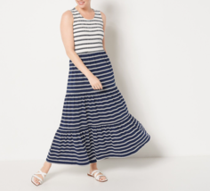 Lands&#39; End Petite Sleeveless Tiered Maxi Dress Navy Stripe, Petite Small - £23.21 GBP
