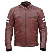 New Mens Brown Striped Motorbike Racing Cowhide Leather Jacket Safety Pads 2019 - £114.18 GBP