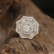 1.72 Ct Round &amp; Baguette Diamond  Flower  Engagement Ring 14k White Gold Over - £107.51 GBP