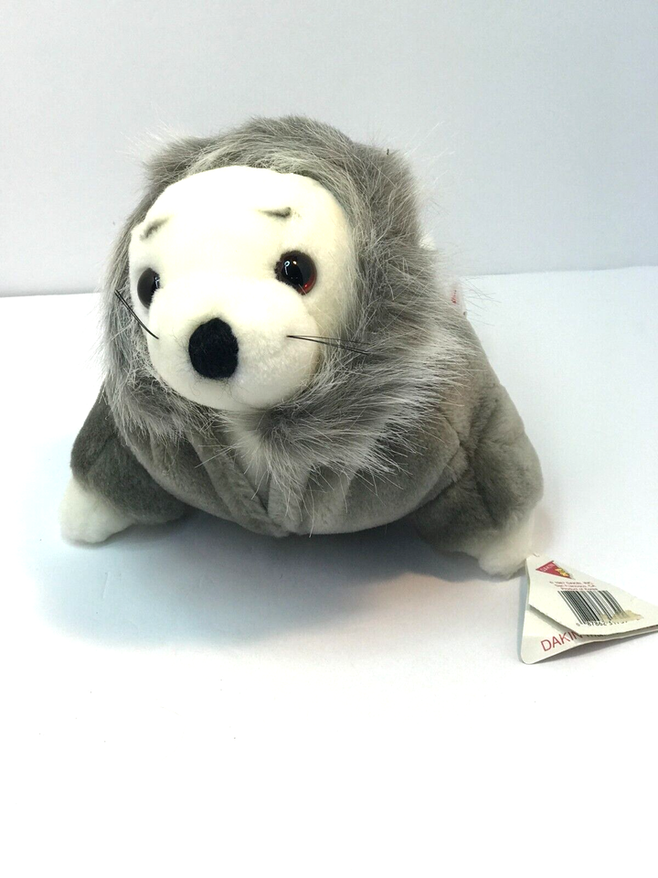 Vintage Dakin 1988 Harbor Seal White Plush Animal with Gray Coat Sweater 13" - $29.99