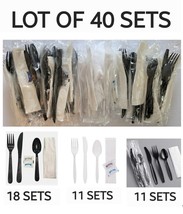 40 Plastic Silverware Sets Individually Wrapped Cutlery Packets Black &amp; ... - £11.81 GBP