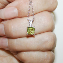 Princess Cut Peridot 7mm Pendant Necklace 14k White Gold over 925 SS 18 Inch - $48.99