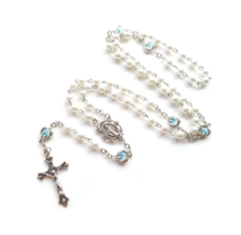 Blessed Mother Mary Our Lady Grace White Glass Pearl Beads &amp; Heart Beads Rosary - £13.43 GBP
