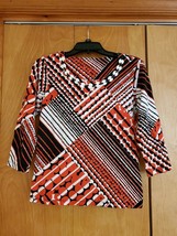 Ruby Rd Women&#39;s Orange Black White Embellished Scoop Neck 3/4 Sleeve Shirt Small - £10.35 GBP