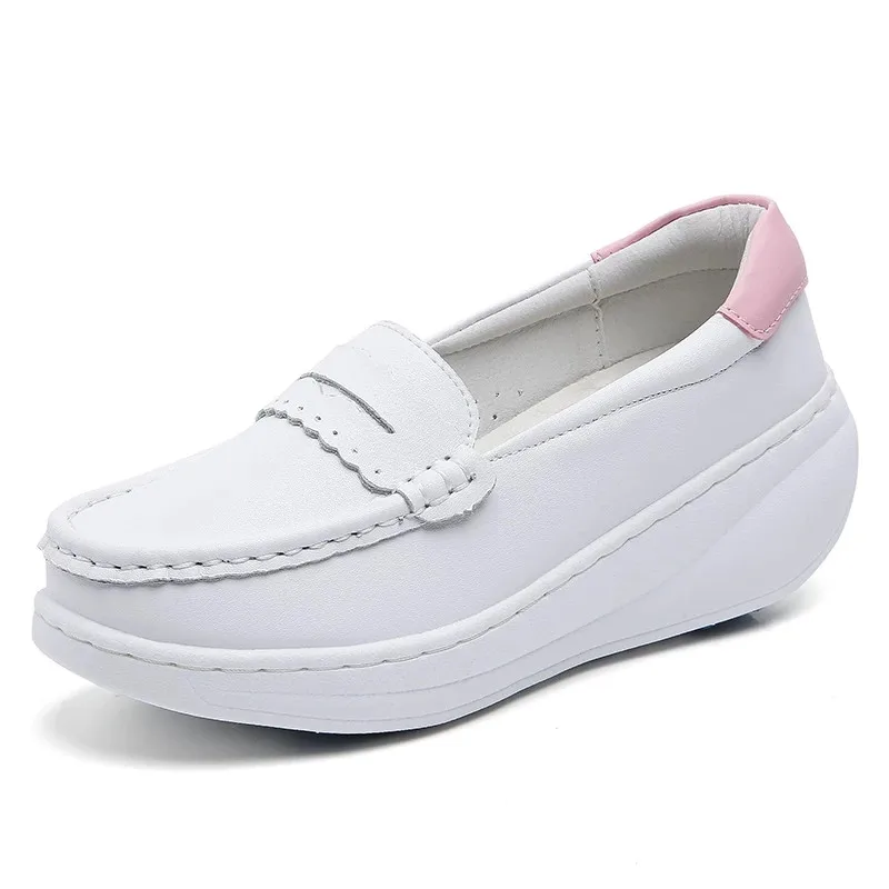 MVVJKEWhite Leather Platform Loafers Women Nurse Shoes Round Toe Slip-on Thick F - £130.47 GBP