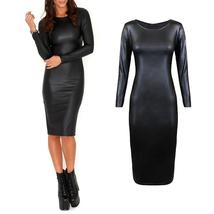 Black Faux Leather Office Lady Dress Suits Women Costumes Bodycon Midi Dress Spr - £69.70 GBP