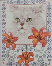 Cat Embroidery Kit Floral Lily White Persian PROJECT 80% Complete DMC Fl... - $13.95