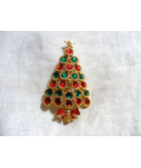 Vintage Gold Toned Christmas Tree Pin Red &amp; Green Rhinestones 15-l - $34.64