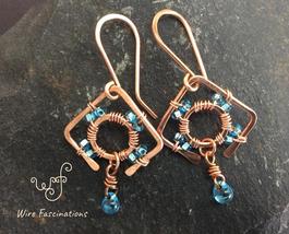 Handmade copper earrings: square wagon wheel light blue crystal beads and dangle - £24.32 GBP