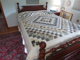 Vintage GREENS, YELLOW, OFF-WHITE Cotton PATCHWORK QUILT Cutter - 84&quot; x 94&quot; - $28.71