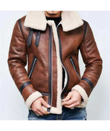 Men&#39;s B3 Aviator Pilot Fur BELTED Shearling Bomber BROWN Leather Jacket/... - £155.58 GBP