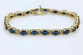 7 Ct Oval Simulated Blue Sapphire Gold Plated 925 Silver Tennis Bracelet - £158.23 GBP