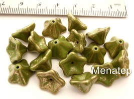 12 13 mm Trumpet Flower Beads: Opaque Olive - Marbled Gold - £1.98 GBP