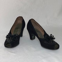 Antique 1920 Black Velvet Heel Peep Toe Pump 8 Slip On  Flapper Era Vintage - £123.59 GBP