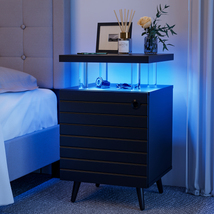 LED Nightstand Black Bedside Table End Tables with 4 Acrylic Columns for Bedroom - £109.26 GBP