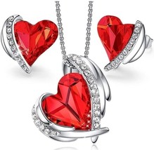 3 Pc. Necklace Earring Set SILVER RED Heart Ruby Garnet January July Valentine&#39;s - £6.92 GBP
