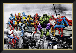 Marvel &amp; DC Superheroes Lunch Atop A Skyscraper - Framed Art Reprint - £142.22 GBP