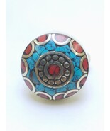 Vintage Tuareg Brass Turquoise Inlay Ring – Handmade Boho Statement Jewelry - €42,93 EUR