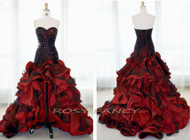 Rosy Fancy Black And Red Beaded Bodice High-low tiered Ruffles Prom Dres... - £243.80 GBP