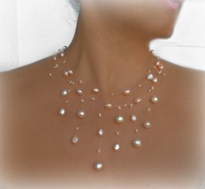 Illusion Necklace, Floating Peach Pearl, Bridal jewelry - £35.97 GBP