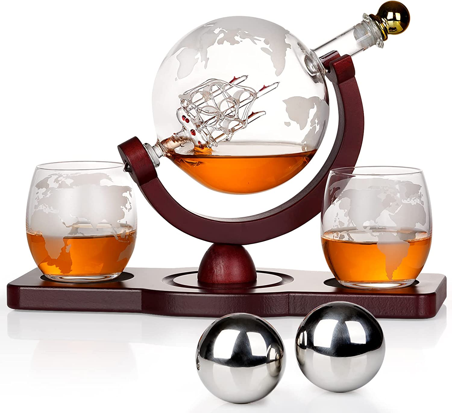 Whiskey Decanter Globe Set with2 Ball Stones 2 Glasses  Gift for Father's Day - $92.14