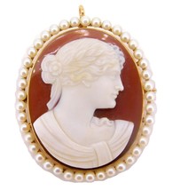 14k Gold Hard Stone Cameo Pin / Pendant with Cultured Pearls (#J4015) - $787.05