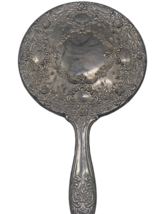 Antique Victorian Heavy Silver Hand Mirror Floral Scroll Hollywood Art Deco - £39.21 GBP