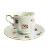 FTD Tea Coffee Cup 3&quot; Tall Saucer 5.75&quot; Vtg Extra Touch Roses Gold Trm J... - £20.31 GBP