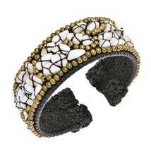 Vibrant White Seashell and Brass Mosaic on Cotton Rope Cuff Bracelet - £13.88 GBP