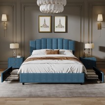 Queen Size Upholstered Platform Bed Linen Bed Frame with 2 Drawers - Blue - £236.82 GBP