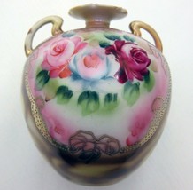 Vintage Nippon Round Vase w/ Handles, Hand Painted Roses Floral Gold Gilded Bead - £39.95 GBP