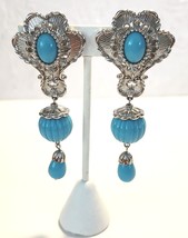 Jose Barrera Clip Dangle Earrings Avon Faux Turquoise Silver Tone Vintage 1980s - £39.01 GBP