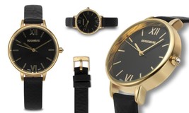 NEW Rousseau 9916 Women&#39;s Esther Collection Ultra Thin Black Leather Gold Watch - £25.36 GBP