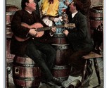 German Comic Men Gathered Around Women Singing ON Beer Barrels DB Postca... - $5.31