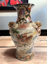 Vtg Chinese Export Satsuma 12&quot; Fishtail Vase Mantel Urn Samurai Warrior on Horse - £61.37 GBP