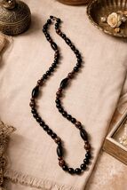 Vintage Glass Beaded Necklace Black Brown Marbled Long 30 Inch Boho - $16.20