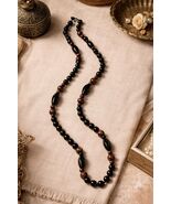 Vintage Glass Beaded Necklace Black Brown Marbled Long 30 Inch Boho - $16.20
