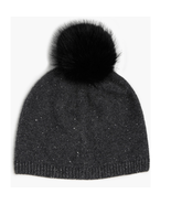Sofia Cashmere Sequin 100% Cashmere Beanie with Faux Fur Pompom Gray/Bla... - $121.72 CAD