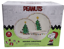 Peanuts Holiday Christmas Tree Dinnerware Set with Snoopy and Woodstock 18pc - £83.75 GBP