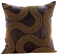 Brown Throw Pillow Covers 16&quot;x16&quot; Cotton, Gold Bead Trail - £32.60 GBP+