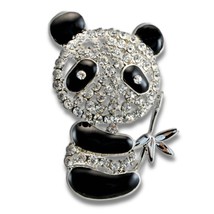 PANDA BROOCH 1.5&quot; Cute Panda Bear Pin Sparkling Crystal Black Enamel Rhinstones - £3.16 GBP