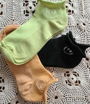 Three (3) Pair ~ Handcrafted ~ Green ~ Melon ~ Black ~ Smile Face Roll Top Socks - £11.95 GBP